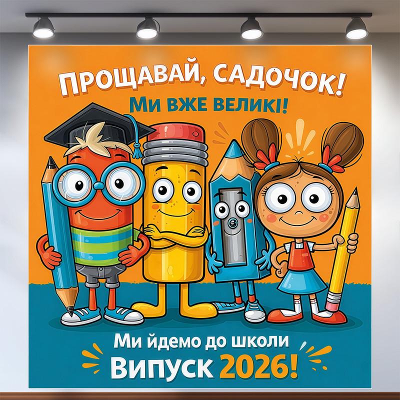 Банер на випускний 2026 в садочок "Ми вже великі" з веселими олівцями 160х160 см