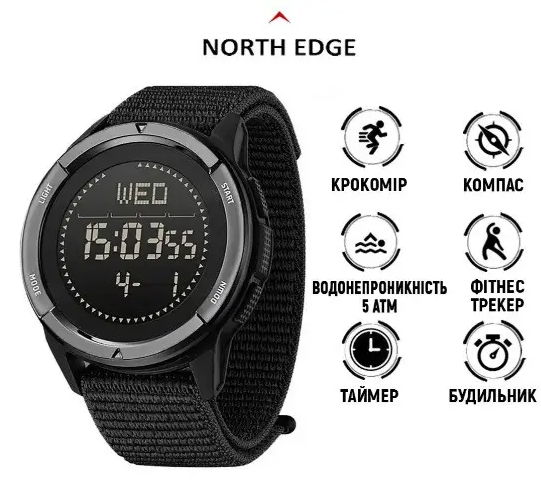 Часы водостойкие ударопрочные с компасом North Edge Alps 5 BAR Black - фото 2 Часы водостойкие ударопрочные с компасом North Edge Alps 5 BAR Black - фото 2