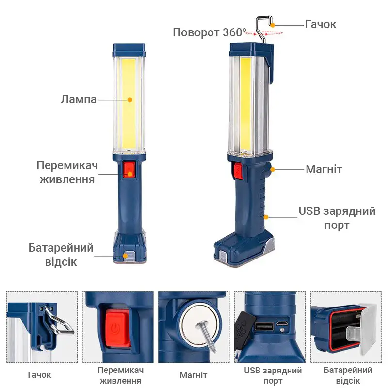 Ліхтар-лампа Worklight ZJ-8899 з магнітним кріпленням та рухомим гаком - фото 5