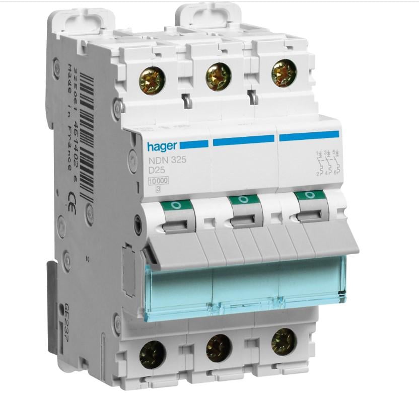 Автоматический выключатель Hager NDN325 25 А D 10 kA 3P трехфазный (10502)