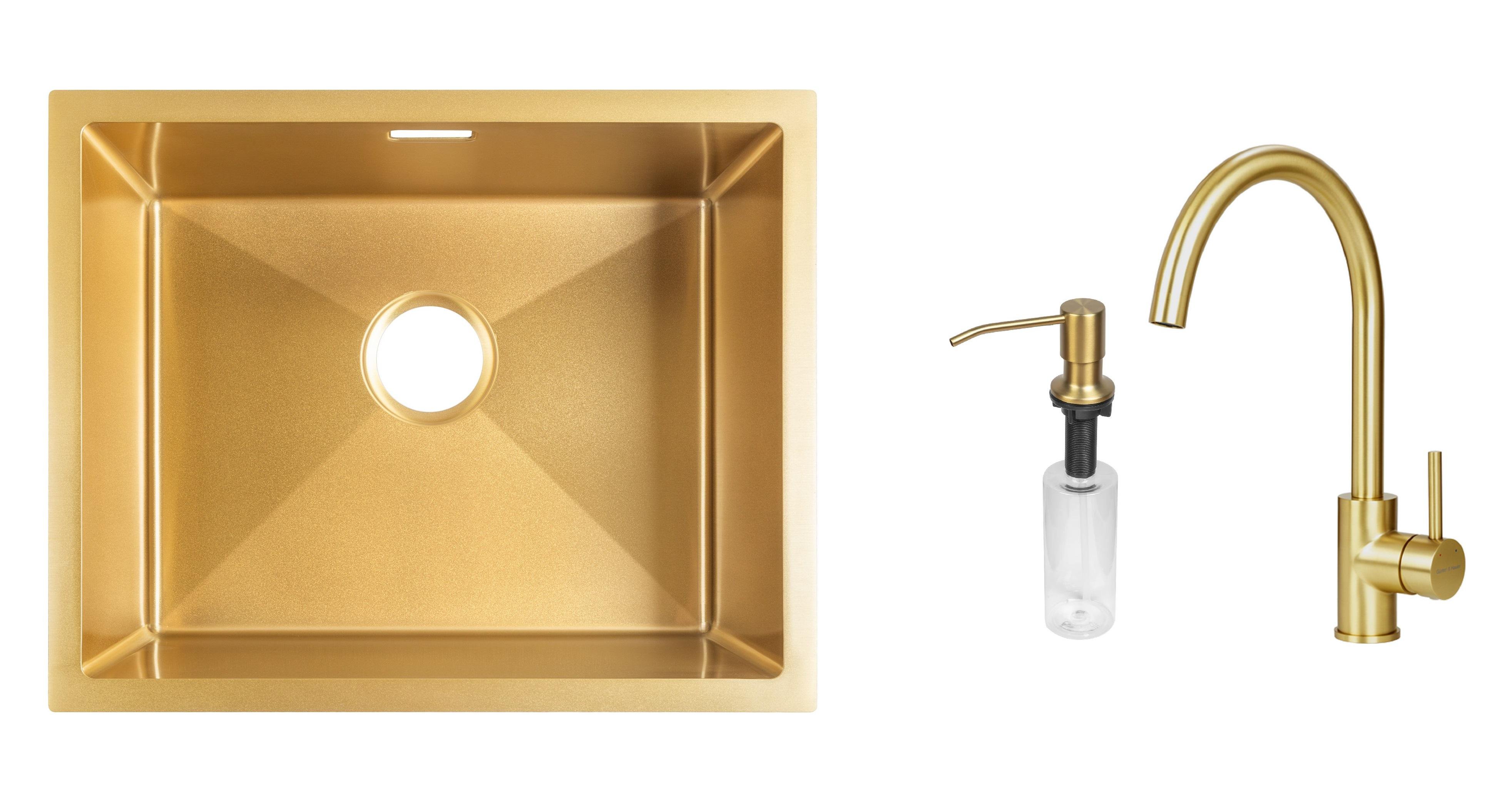 Комплект из кухонной мойки Gunter&Hauer Ruwer 5522 Gold кухонного смесителя Gunter&Hauer RAIN Gold и дозатора Gunter&Hauer SOAP DISPENSER Gold