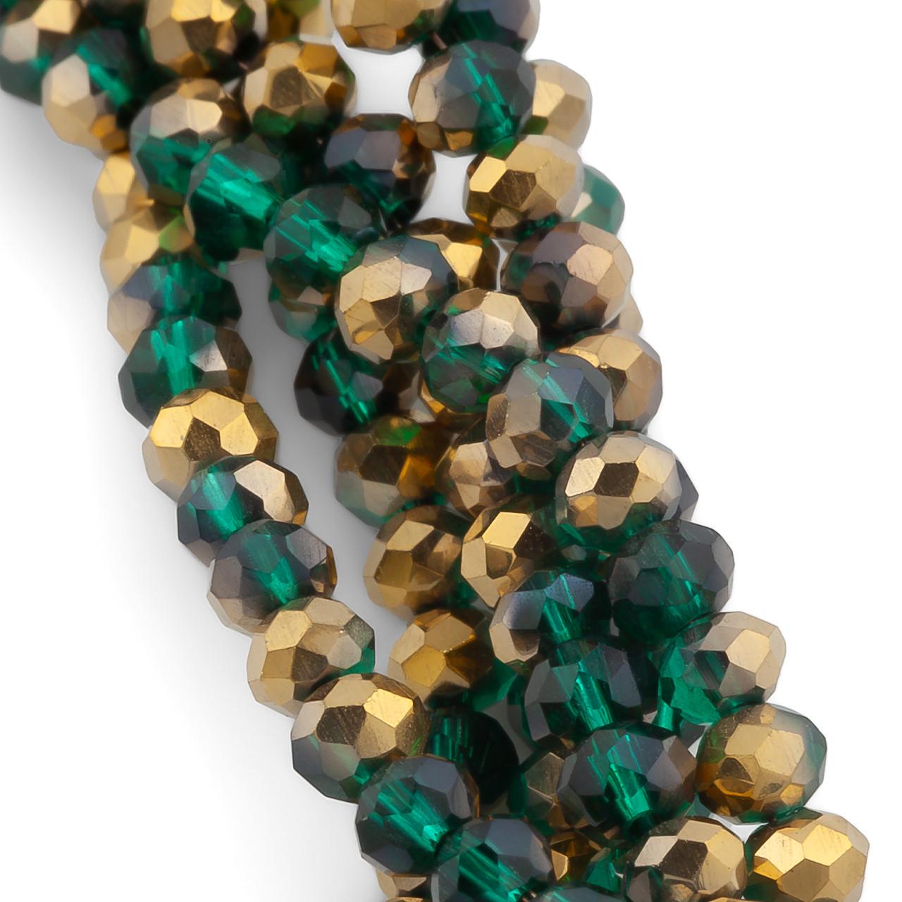 Бусины хрустальные на нитке в форме ронделя с огранкой 44 см 3х2 мм 175 шт. Золотистый с зеленым (БС0302а47)