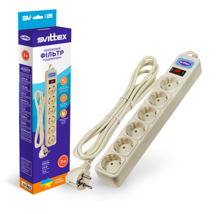 Фильтр-удлинитель сетевой SVITTEX 3 м SV-862 6 гнезд Фильтр-удлинитель сетевой SVITTEX 3 м SV-862 6 гнезд