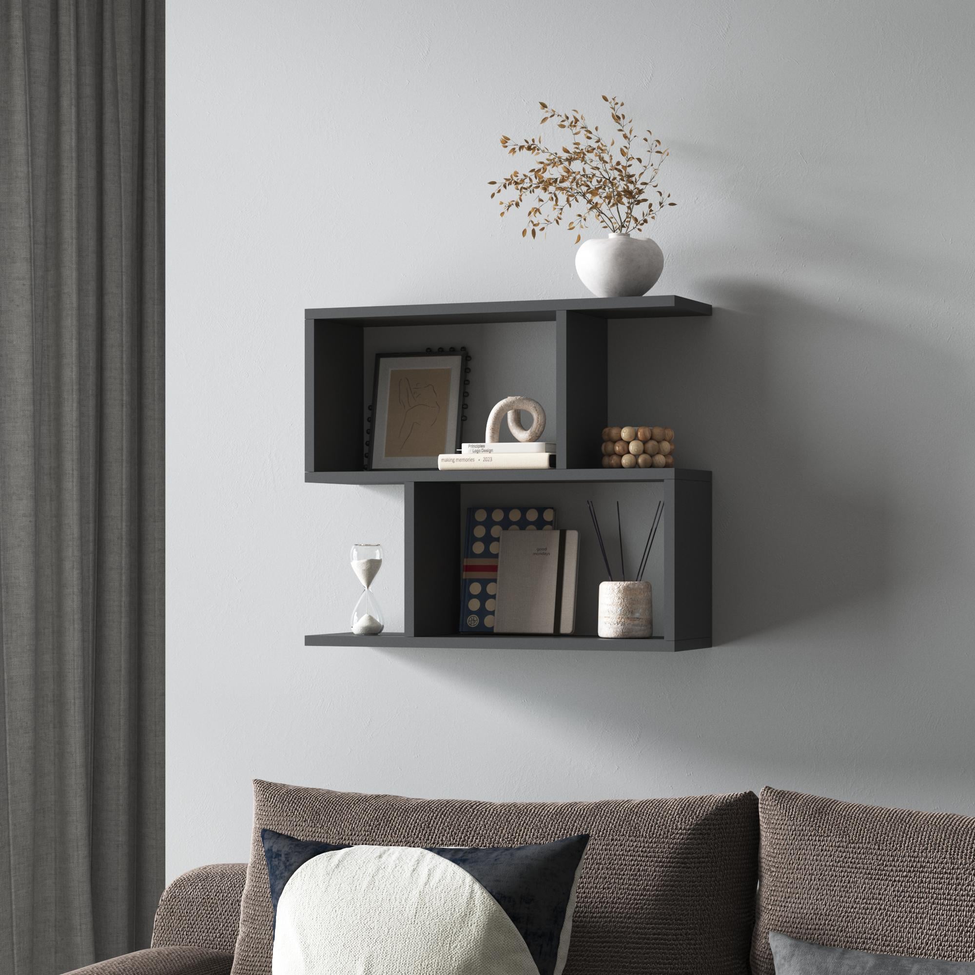 Полка навесная для книг и декора на две секции из ламинированного ДСП 600x520x180 мм Антрацит (hm-49-an)