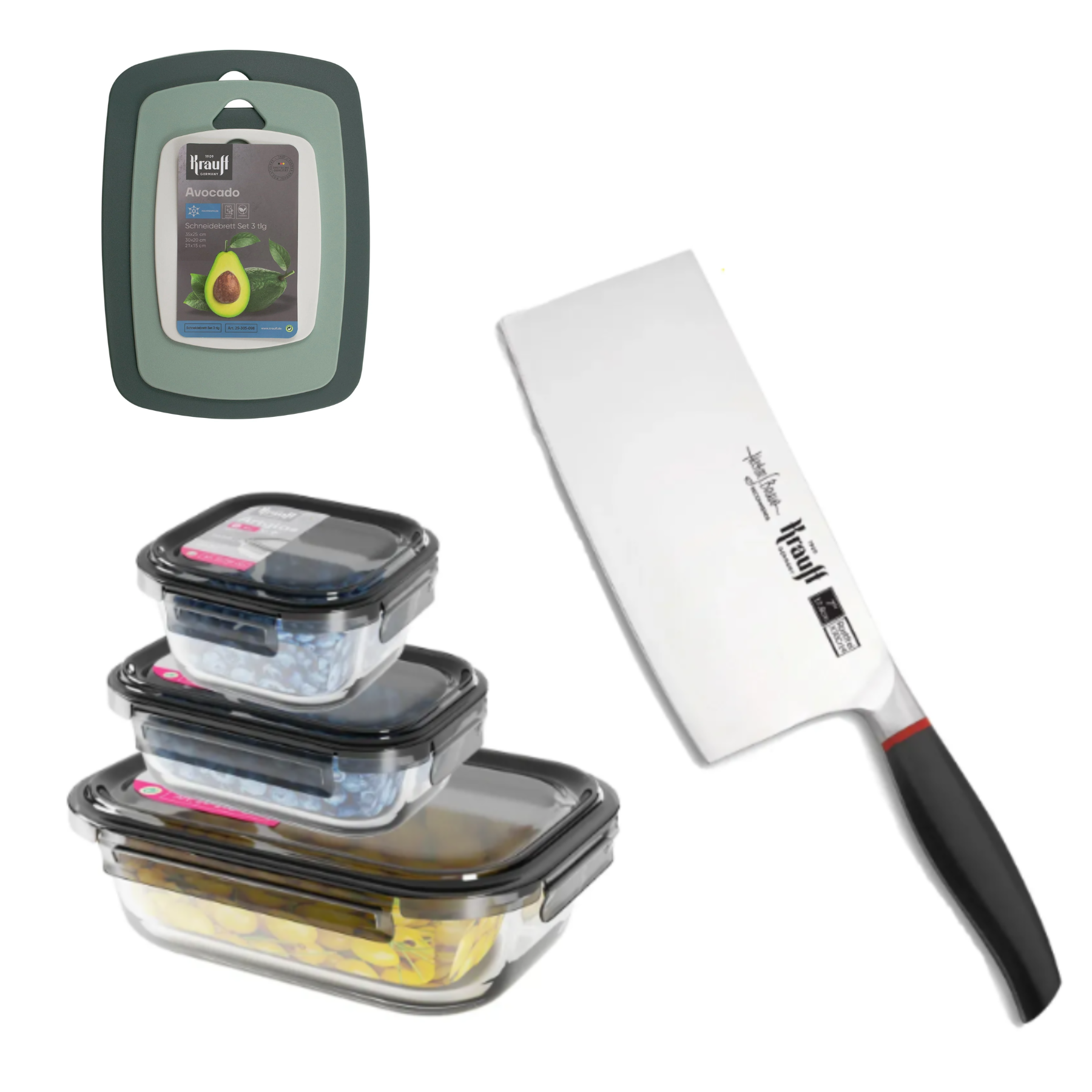 Набор стеклянных контейнеров Krauff 3 шт и кухонного топора Smart Сhef 17,8 см с кухонными досками (28407)