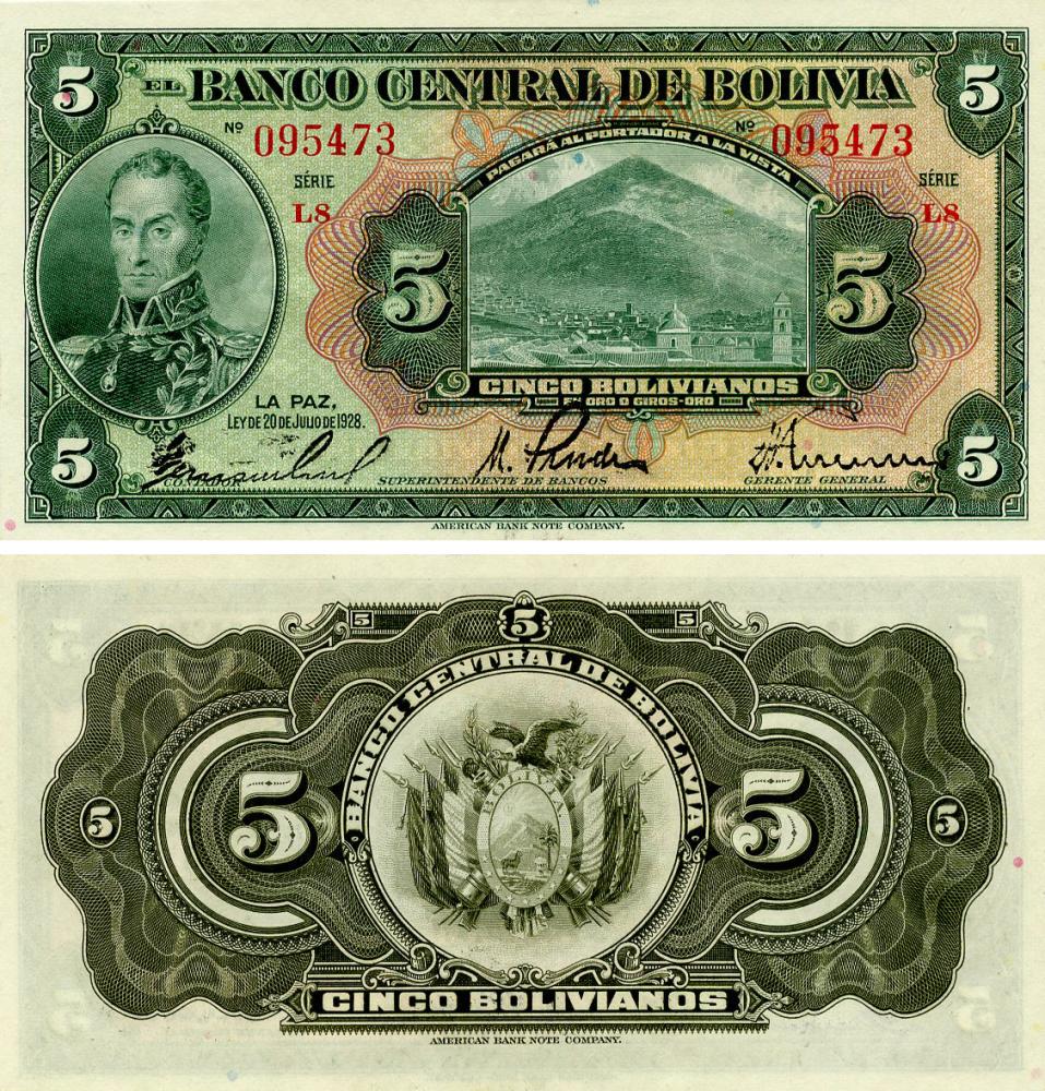 Коллекционная банкнота Боливия 5 Боливиано 1928 AU-UNC (P120a)