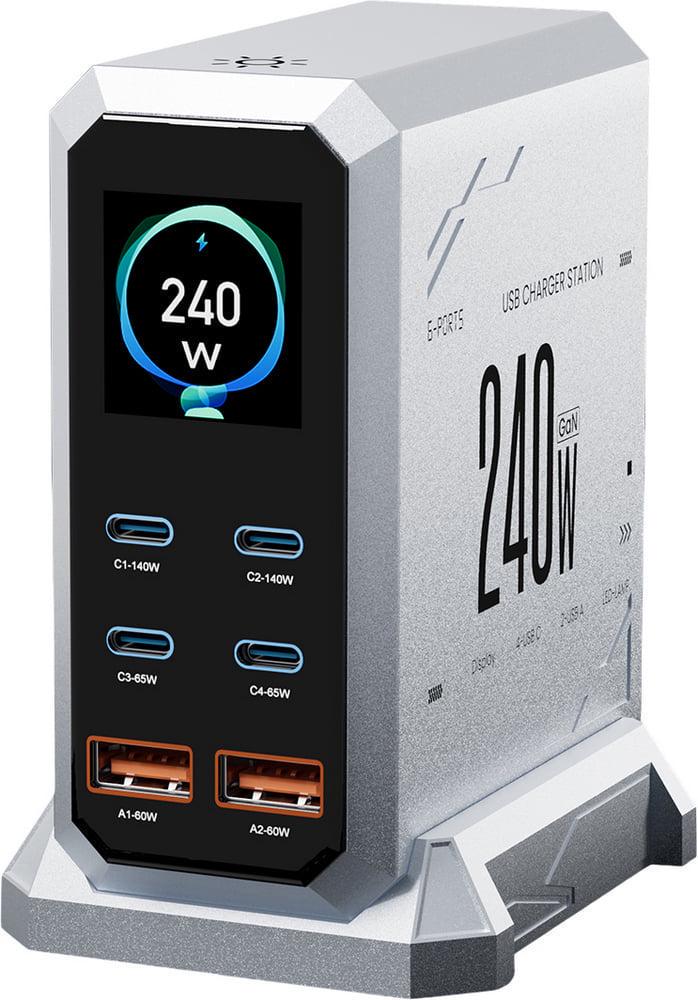 Зарядний пристрій настільний ASOMETECH HW186 240W GAN EPR PD3.0 QC5.0 Power Display 4C/2A Silver (43050)