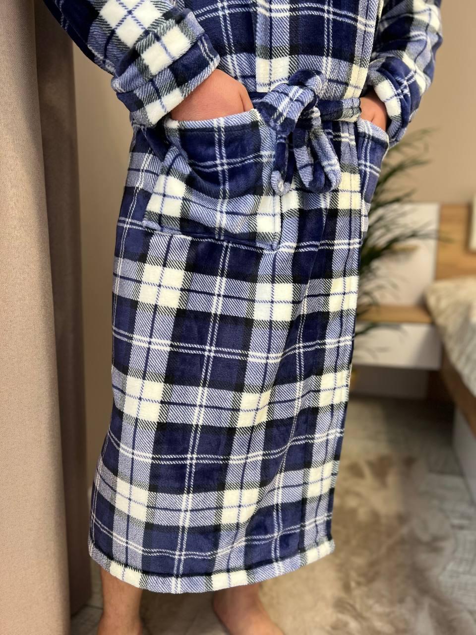 Халат мужской махровый в клеточку L Синий (22936511) - фото 4 Халат мужской махровый в клеточку L Синий (22936511) - фото 4