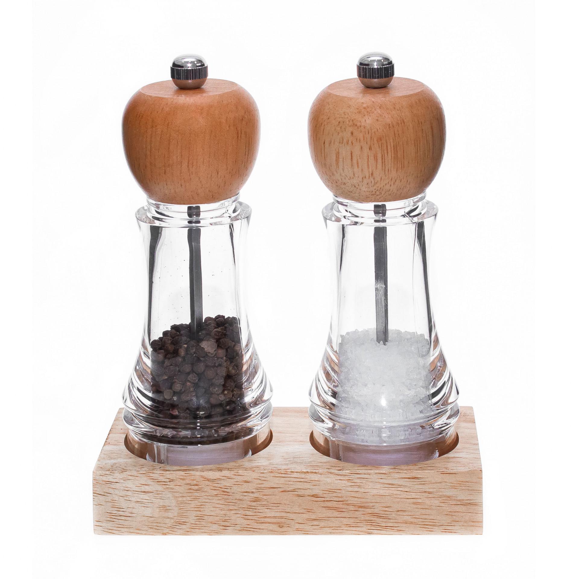 Набор мельниц для соли и перца на деревянной подставке d 6 см h 16,5 см Коричнвый с прозрачным - фото 4 Набор мельниц для соли и перца на деревянной подставке d 6 см h 16,5 см Коричнвый с прозрачным - фото 4