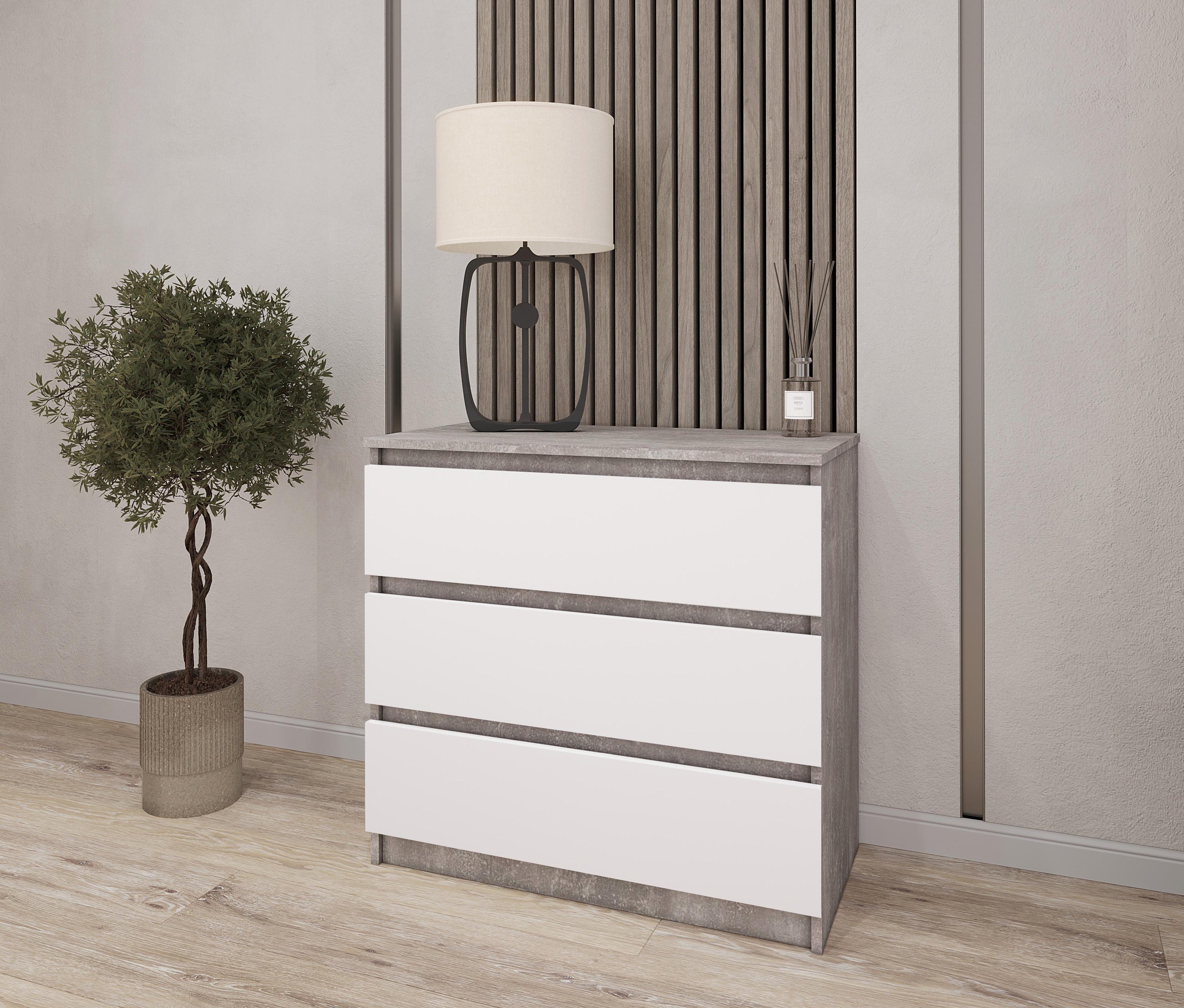 Комод на 3 выдвижных ящика ДСП 600х755х400 мм Бетон/Белый фасад (NT-217) Комод на 3 выдвижных ящика ДСП 600х755х400 мм Бетон/Белый фасад (NT-217)