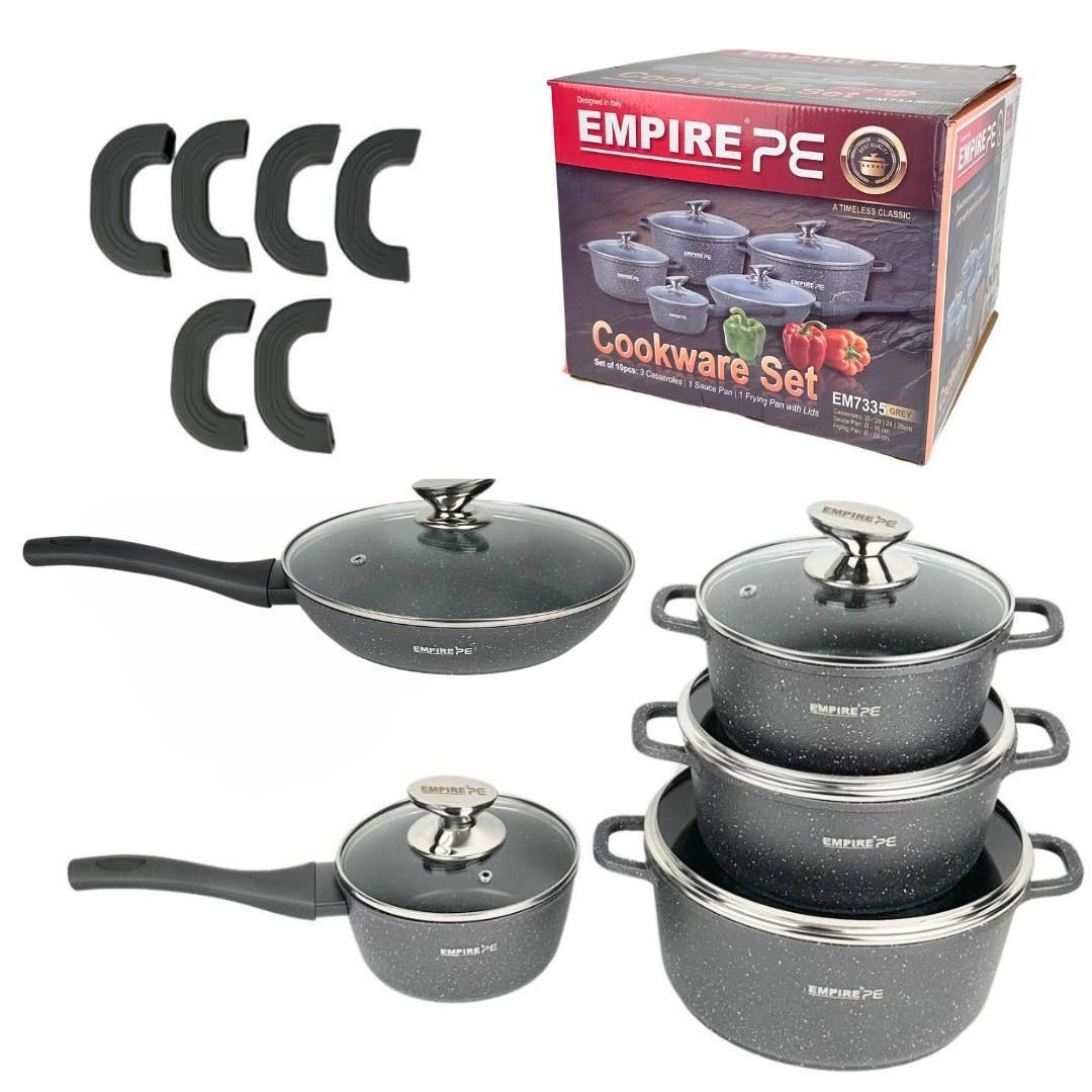 Набор посуды Empire EM-7338 кастрюли и сковорода со стеклянными крышками и силиконовыми прихватками 16 пр. Gray (784780527)