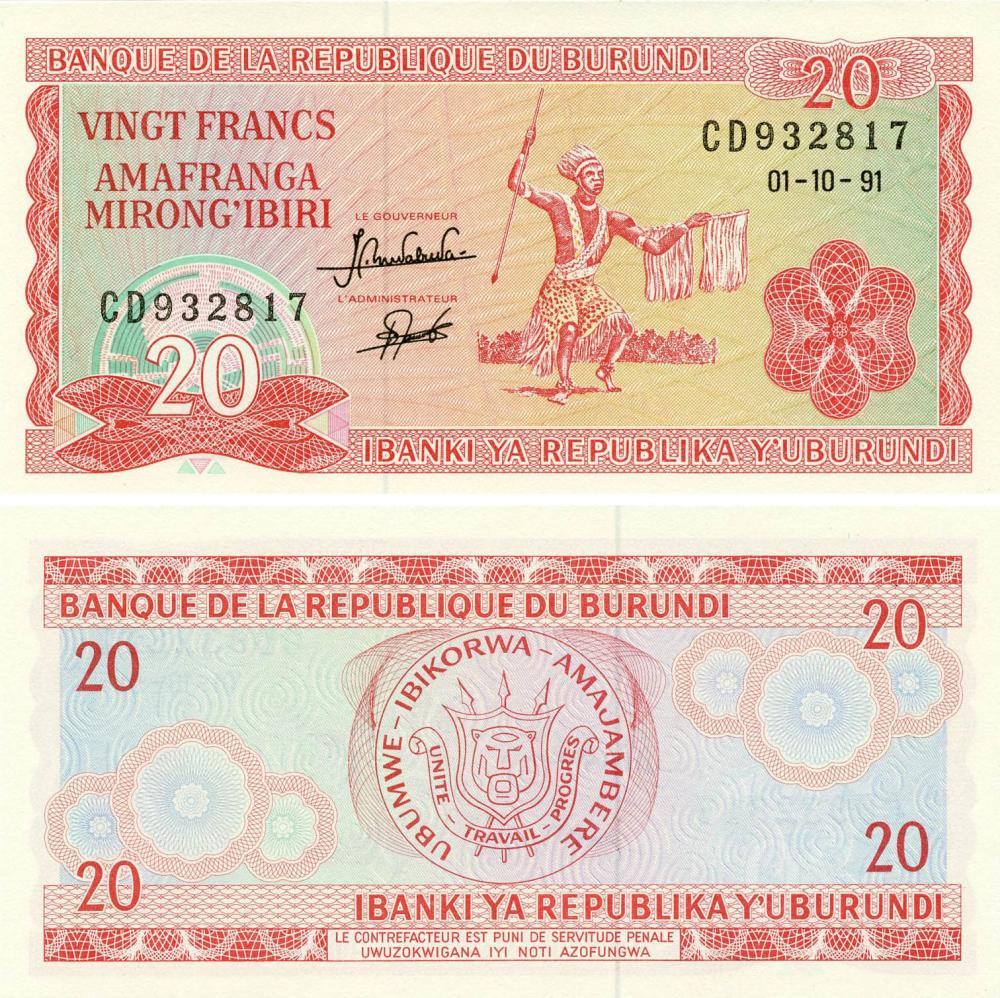 Коллекционная банкнота Бурунди 20 франков 1991 UNC P27c (Б18259)