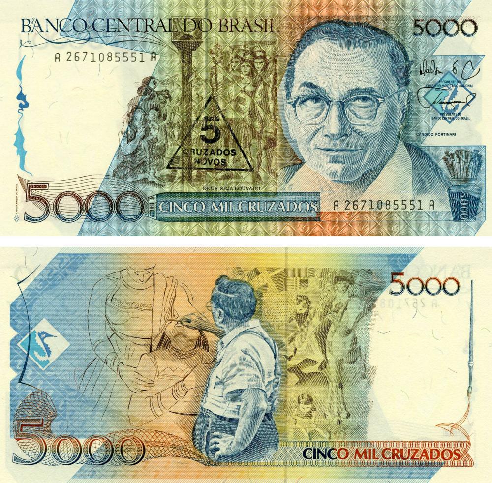 Коллекционная банкнота Бразилия 5000 крузейро 1989 UNC 5 крузадо P217 (Б13171)