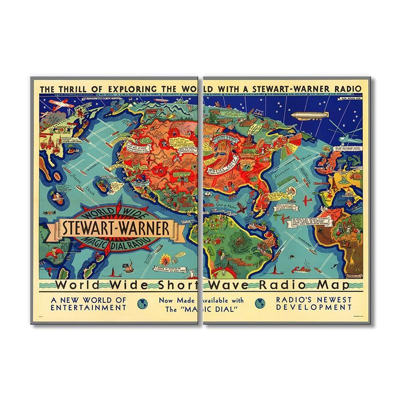 Винтажная карта Всемирная коротковолновая радиокарта 2 модуля 50x75 см