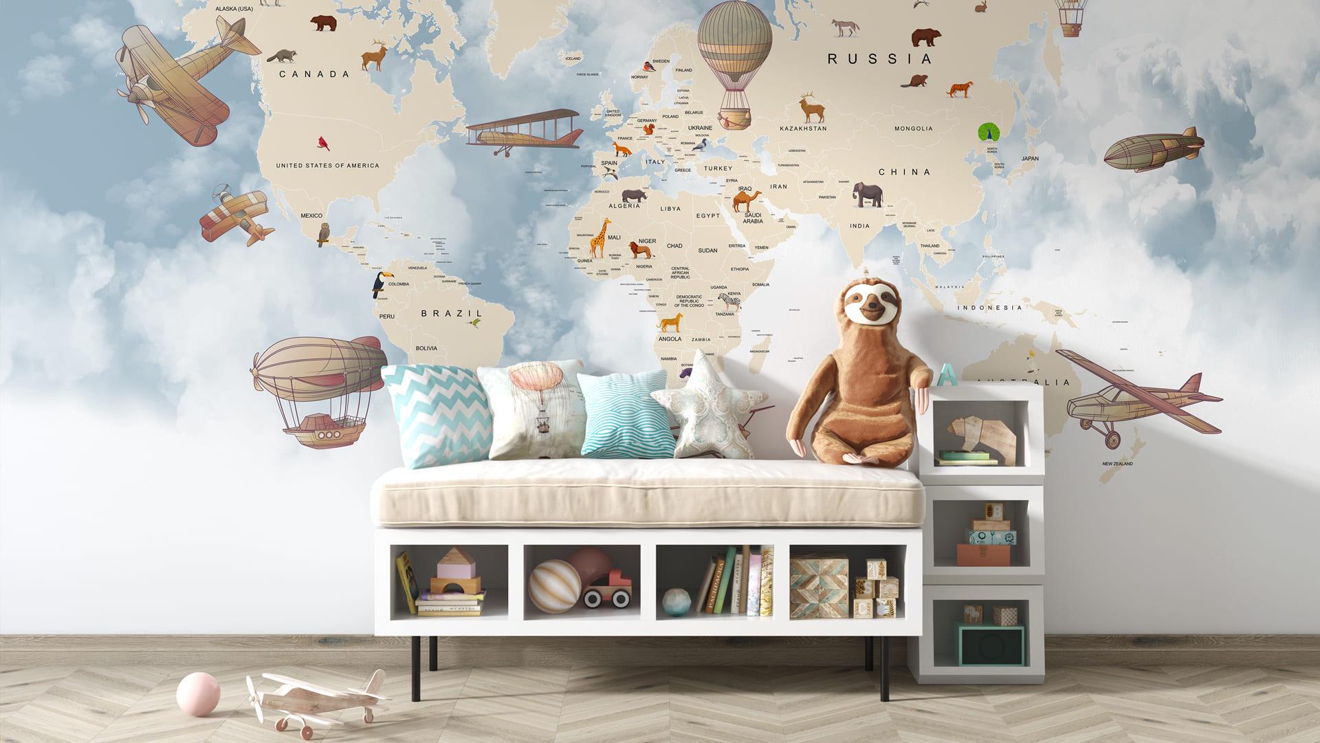 Фотообои флизелиновые Styleo Print-walls Карта мира с самолетиками и зверушками 0900 350х270 см (Pw-0900/3)