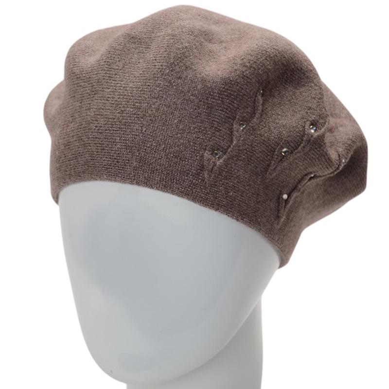 Берет женский вискозный двойной Lirus Флорин с узором сбоку и стразами Темный пудровый