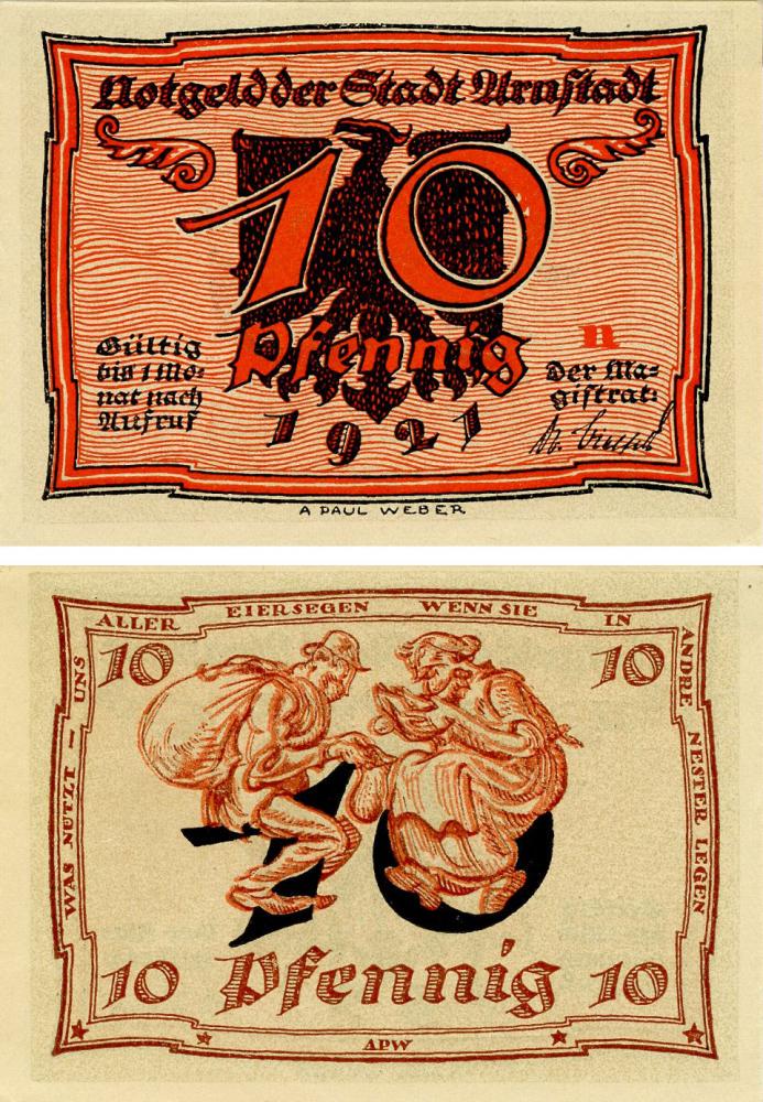 Коллекционная банкнота Германия Нотгельд 10 пфеннигов 1921 F-VF Арнштадт. Серия n (Б16142)