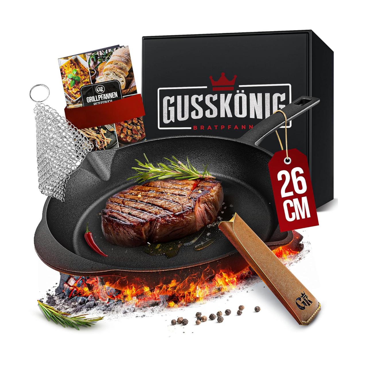 Сковорода чавунна Gusskönig книга рецептів/очисник/шкіряна накладка 26 см (A-014863)