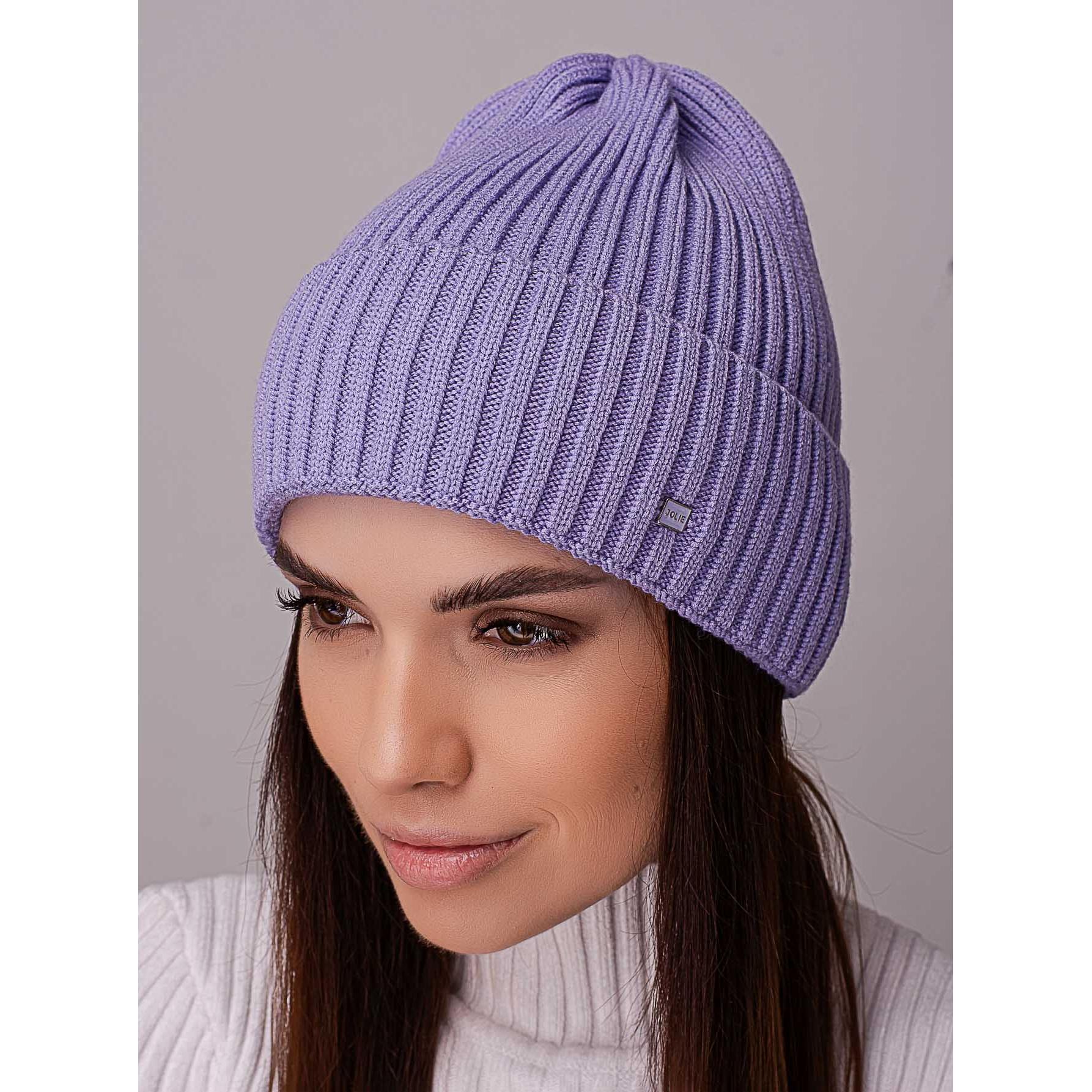 Шапка жіноча ковпак з відворотом без підкладки в широкий рубчик Leks Ковель Світло-фіолетовий - фото 1