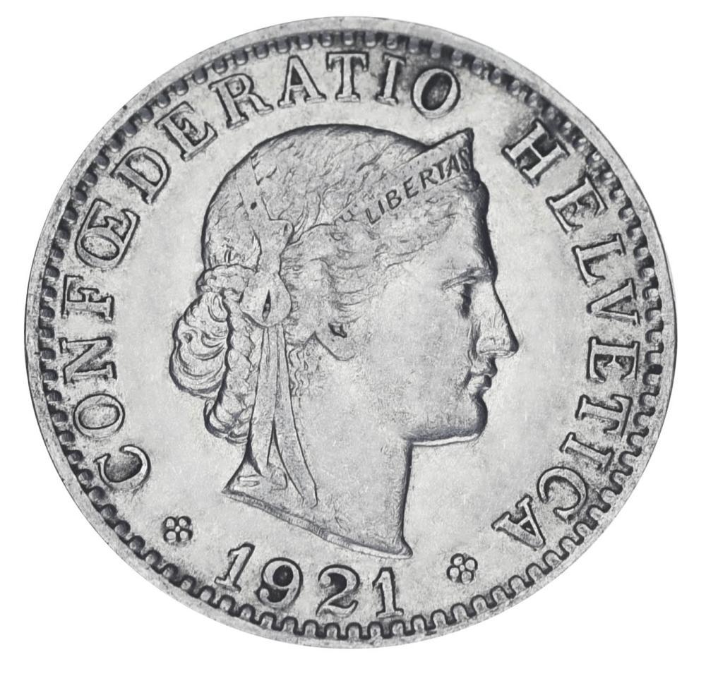 Коллекционная монета Швейцария 20 раппен 1921 F-VF (М18196)