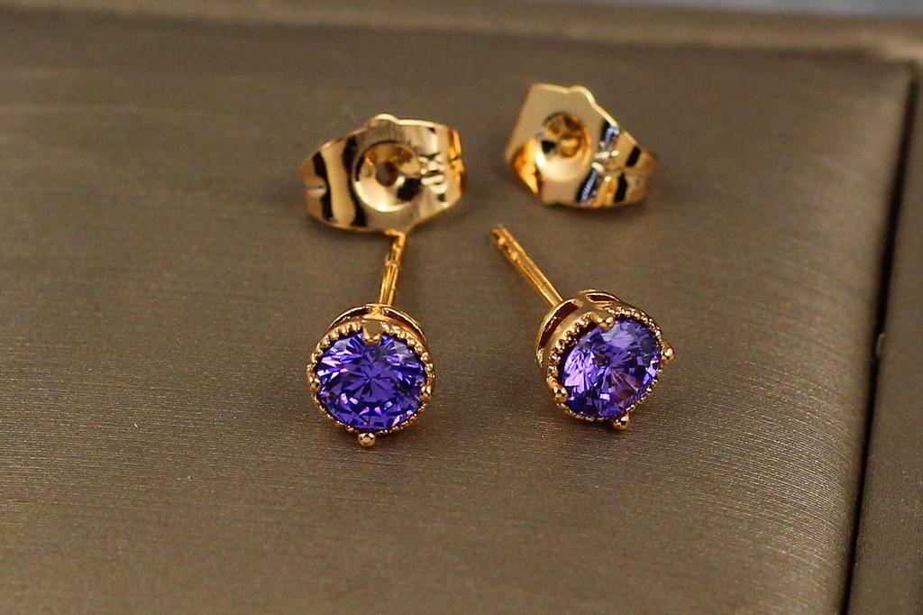 Сережки гвоздики Xuping Jewelry Фіолетовий фіаніт в обідку 5 мм Золотистий