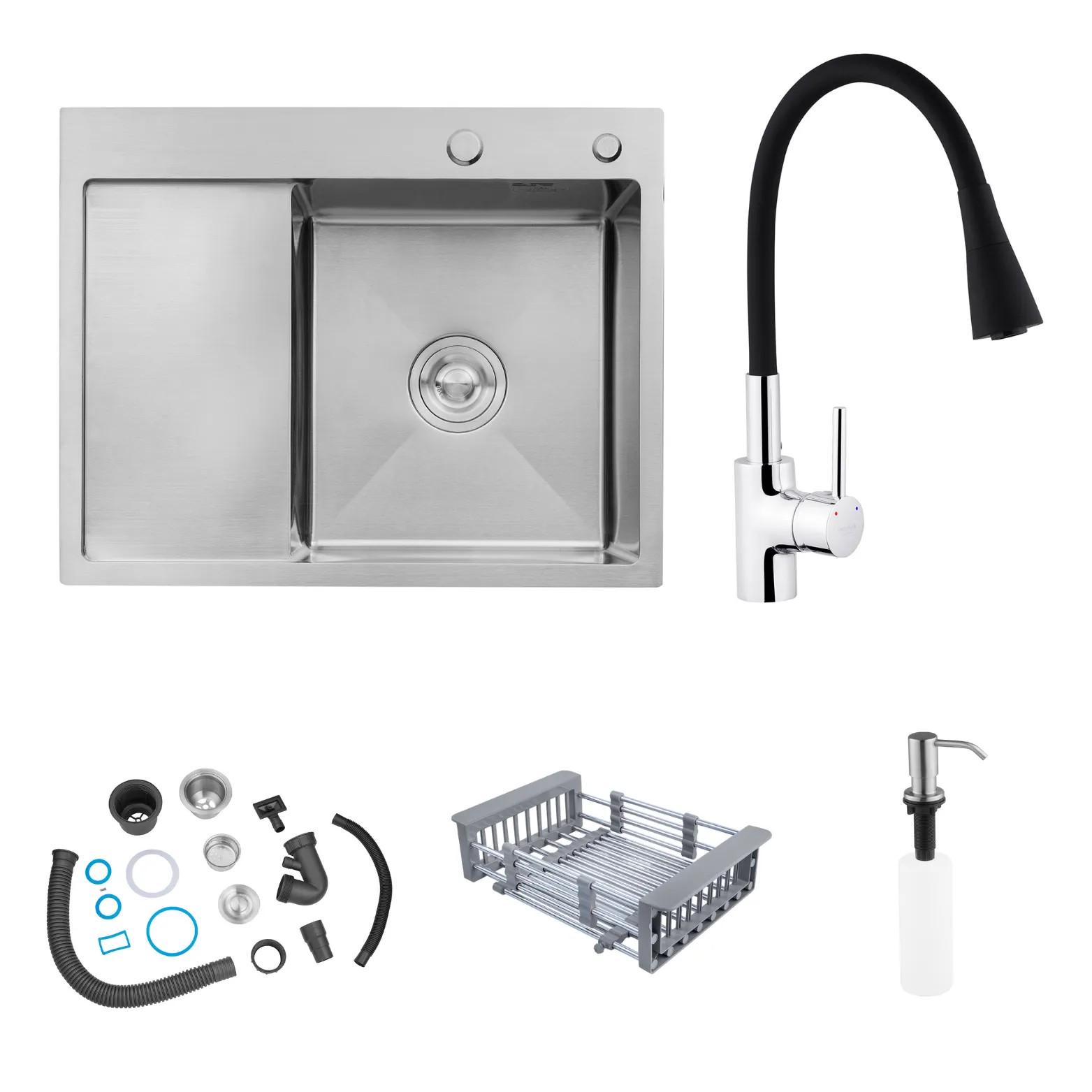 Мойка Kroner-6350RHM 3,0/1,0 мм правая Серый/смеситель-кран с гибким изливом Kroner Küche-C031BLK