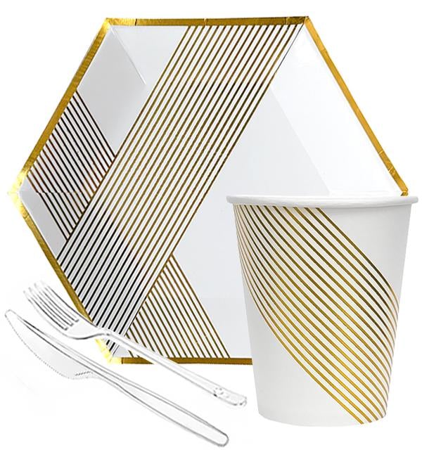 Набор одноразовой посуды Золотые линии на 10 персон Белый (10718)