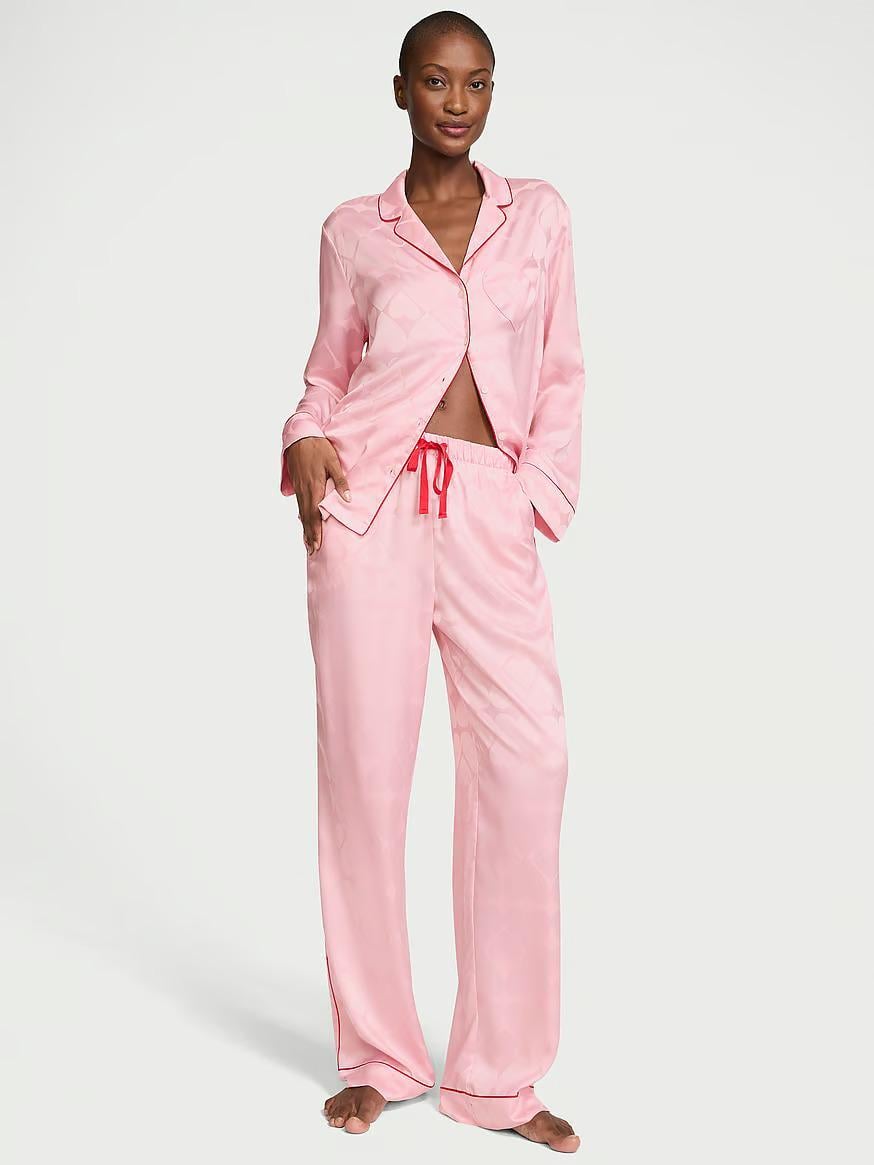 Піжама сорочка/штани сатинова Victoria's Secret Glazed Satin Heart Long Pajama Set Regular XS Рожевий (269989789)