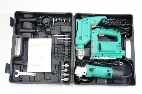 Набор электроинструментов дрель 710 Вт/лобзик 18 мм 450 Вт/болгарка 125 мм 840 Вт с набором сверл и бит (opt-20985)