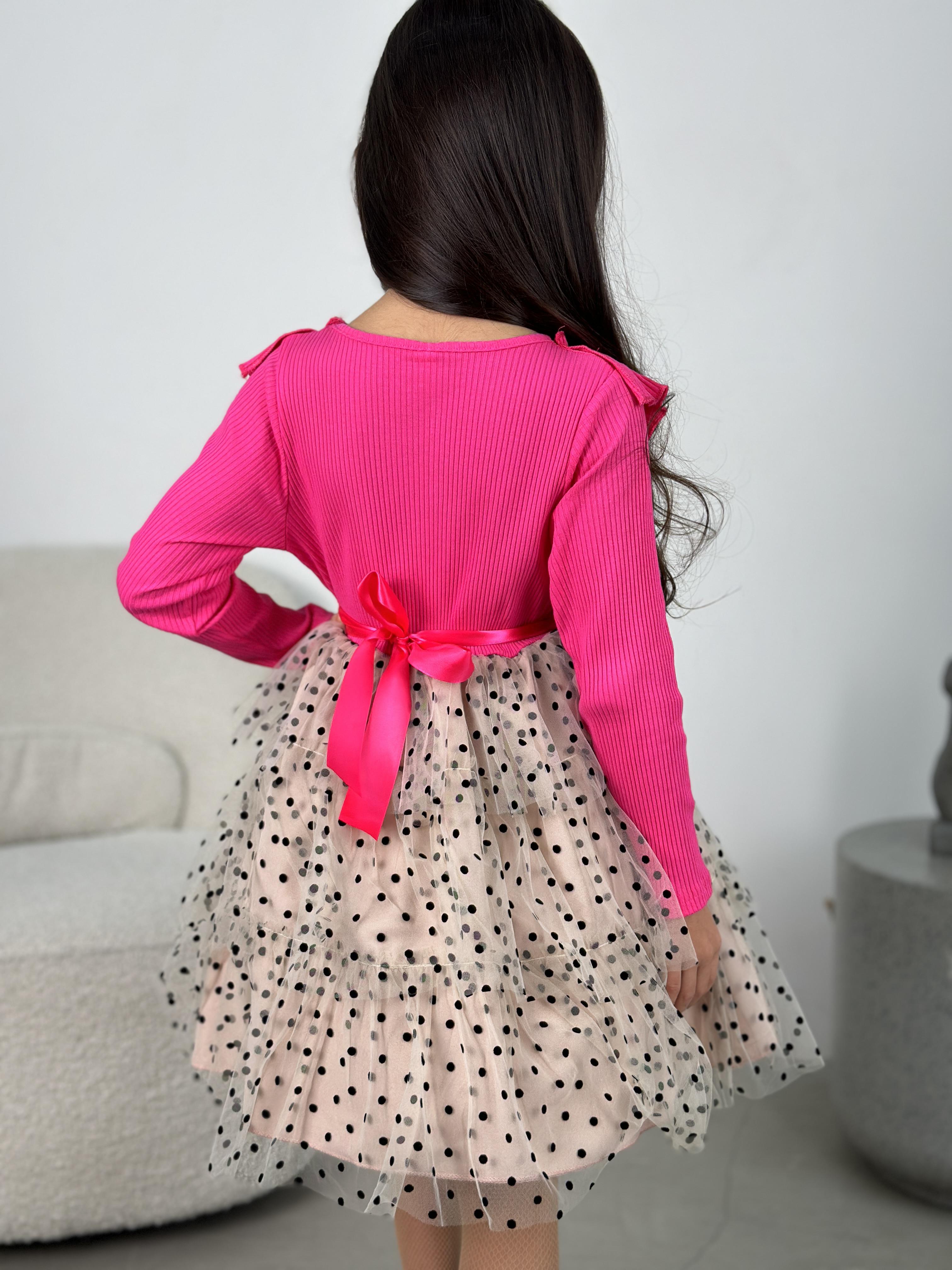 Сукня святкова дитяча KatyKids Емілія з довгим рукавом та пишною спідницею в горох 120 см Рожевий з бежевим (11055370700) - фото 4