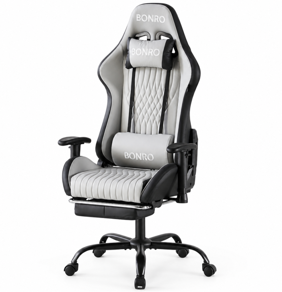 Геймерское кресло с подставкой для ног Bonro 1002G-1 до 150 кг TILT Серый (SI-BN1002G-1)