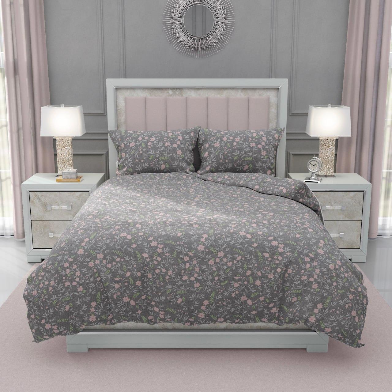 Комплект постельного белья Цветы двуспальные микрофибровые 180x210 см наволочки 70х70 см Серый (2230704725)