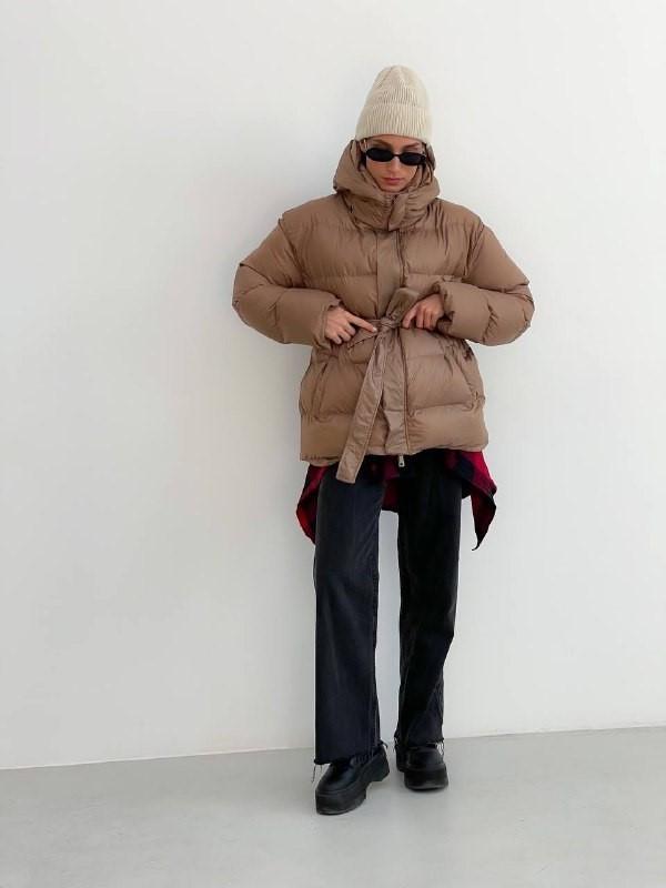 Куртка зимняя женская ZF Inspire 2023 короткая с капюшоном и поясом L-XL Мокко (2023-МК-L-XL)