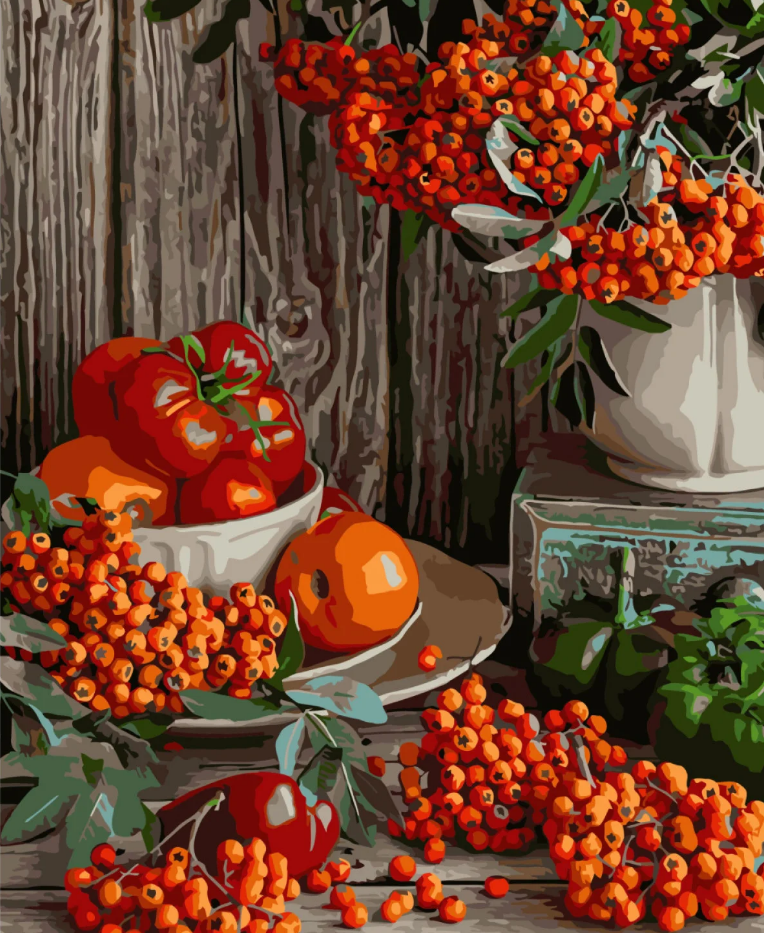 Картина по номерам Strateg Премиум Рябина на столе с лаком и уровнем 40x50 см (SY6742)