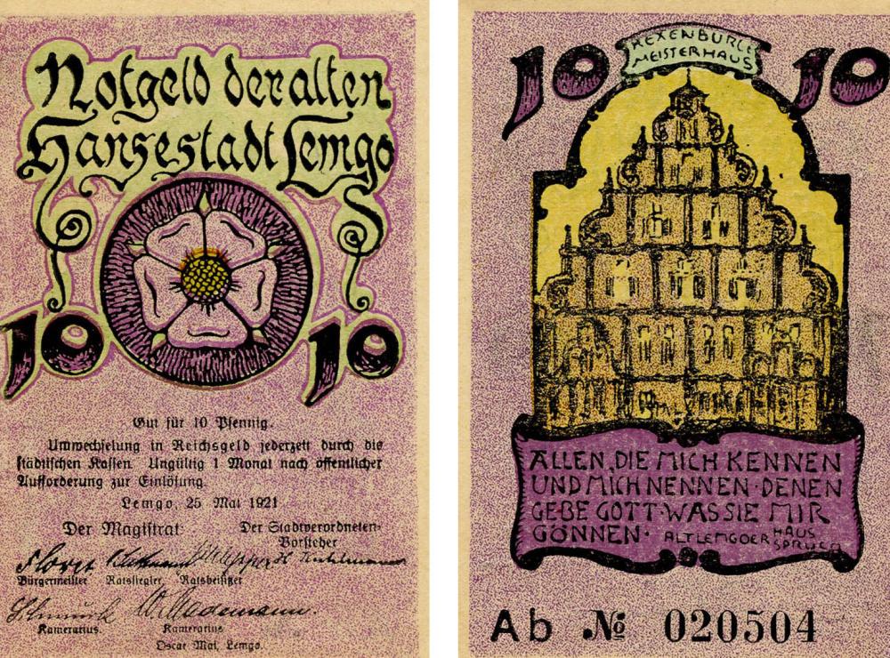 Коллекционная банкнота Германия Нотгельд 10 пфеннигов 1921 F-VF Лемго (Б18433)