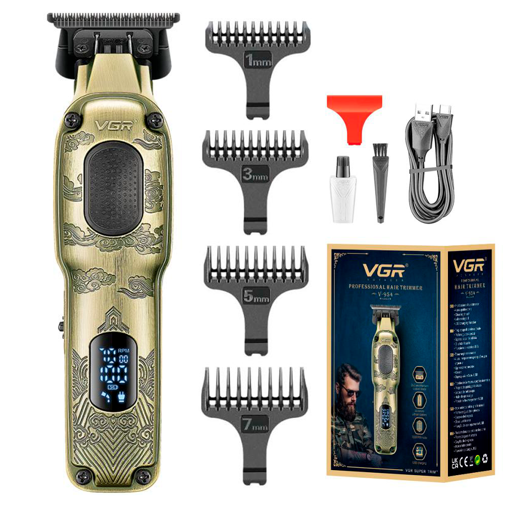 Триммер аккумуляторный для стрижки VGR V-954 с 4 насадками и LED дисплеем (2684381863)