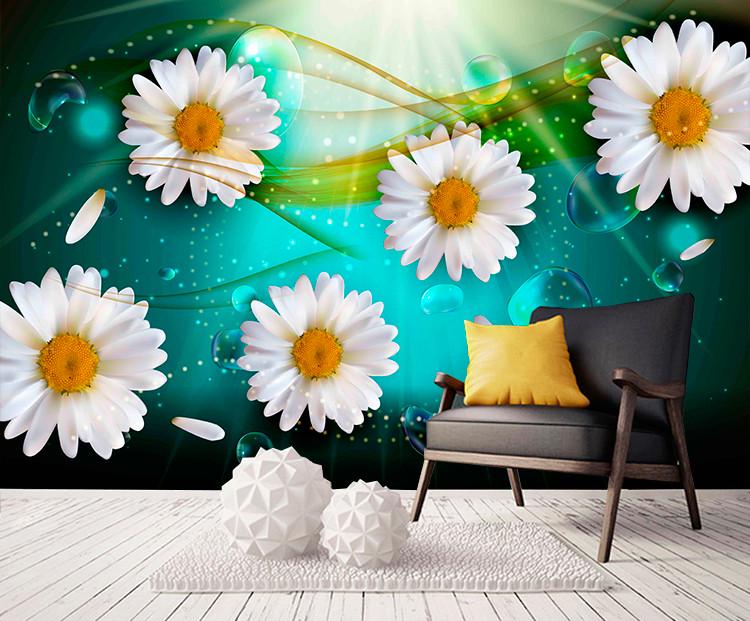 Фотообои 3D флизелиновые цветочные для спальни/зала/кухни Ромашки и капли