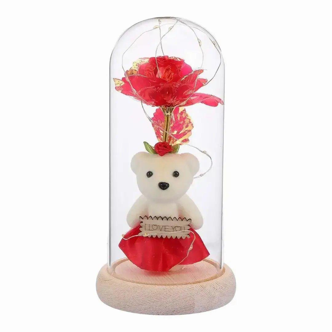 Роза с мишкой в стеклянной колбе Rose of Love с LED подсветкой 20 см