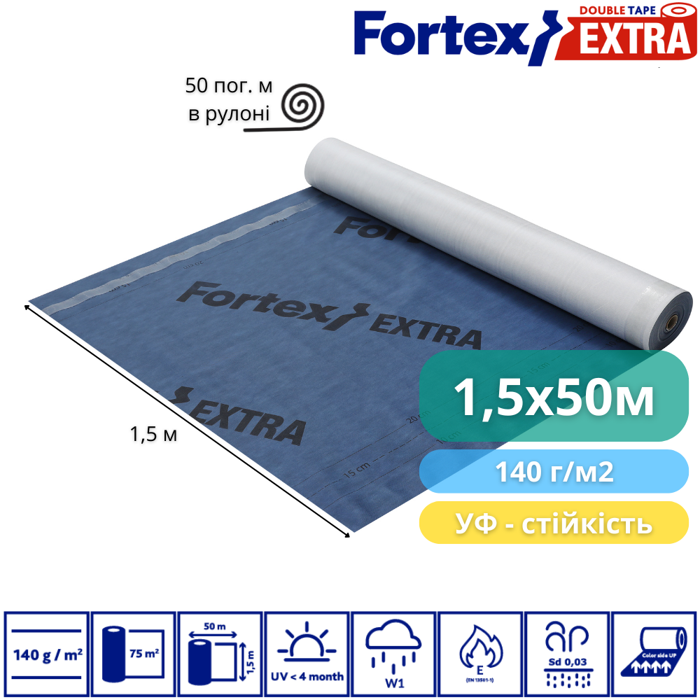 Мембрана дифузійна Fortex Extra 2 Tape 1,5x50 м 75 м2 140 г/м2 Синій/Білий (390238) - фото 2