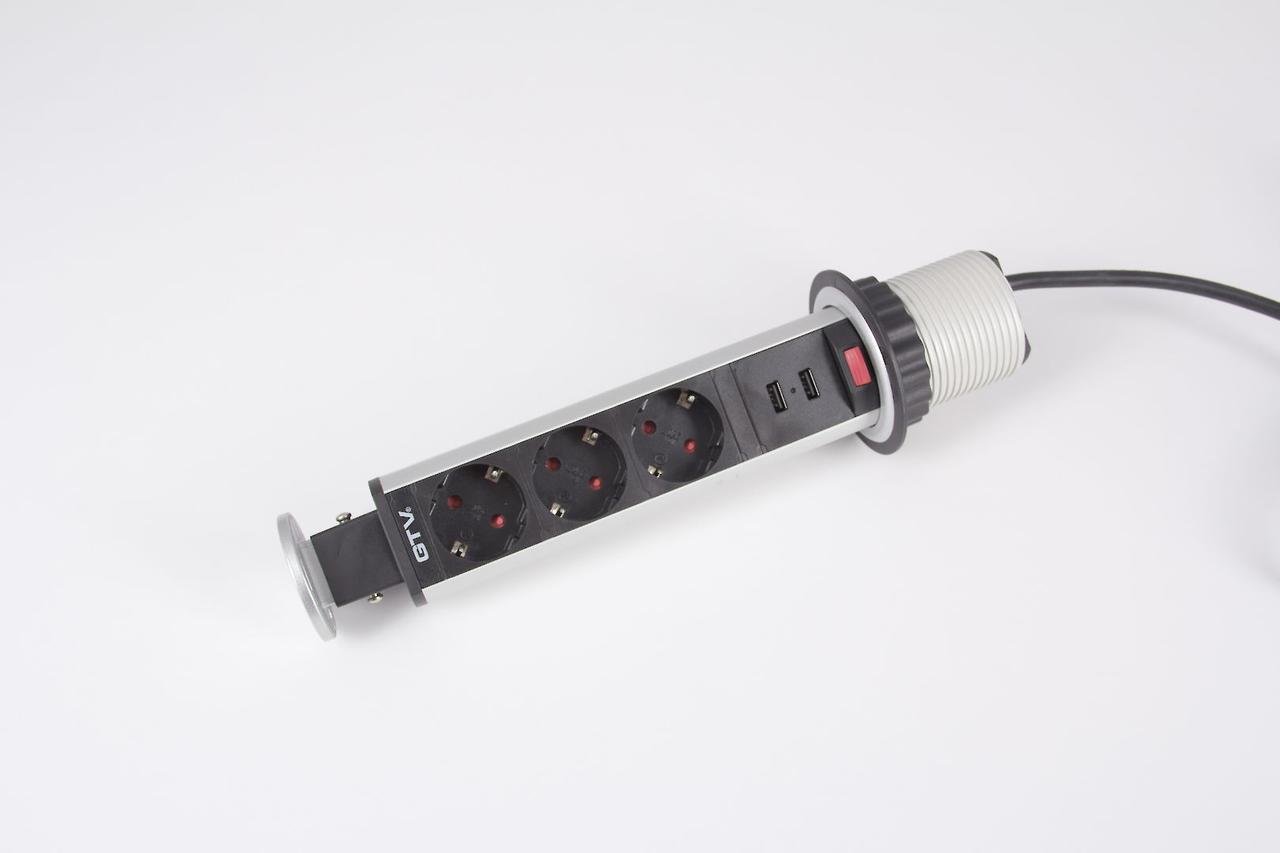 Розетка встроенная GTV вертикальная на 3 вилки 2USB Серый (AE-BPW3S60U-80)