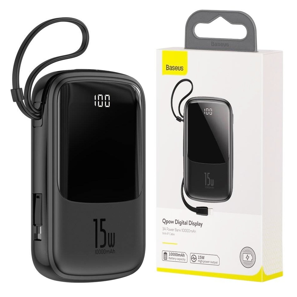 Повербанк BASEUS Qpow Digital Display із вбудованим кабелем Lightning 10000 mAh 15W Black