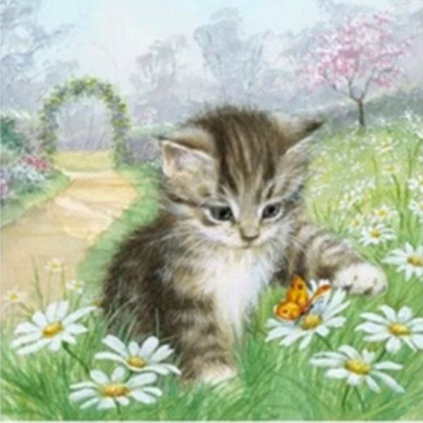 Алмазная мозаика Котик и бабочка 30х30 см на подрамнике полная выкладка