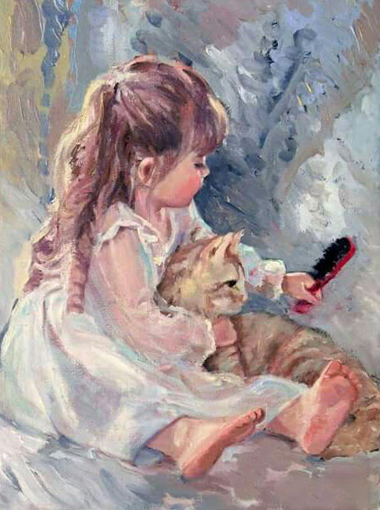 Алмазна мозаїка Дитина з кішкою DIY-FH091 повна викладка 30x40 см (26591)