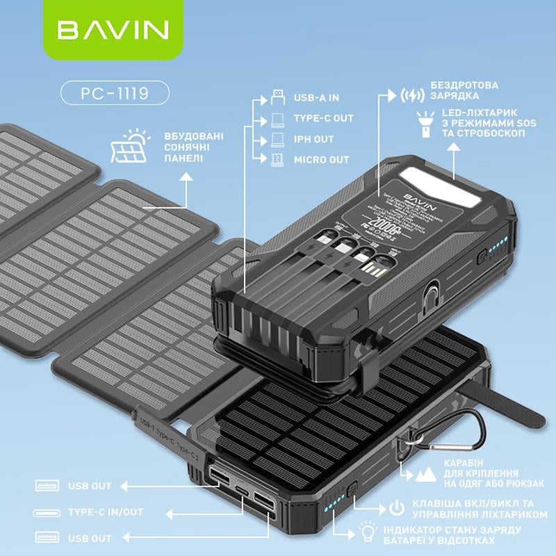 Повербанк BAVIN PC1119 Wireless and SOLAR 20000 mAh Black (Y-PC1119BK) - фото 9 Повербанк BAVIN PC1119 Wireless and SOLAR 20000 mAh Black (Y-PC1119BK) - фото 9