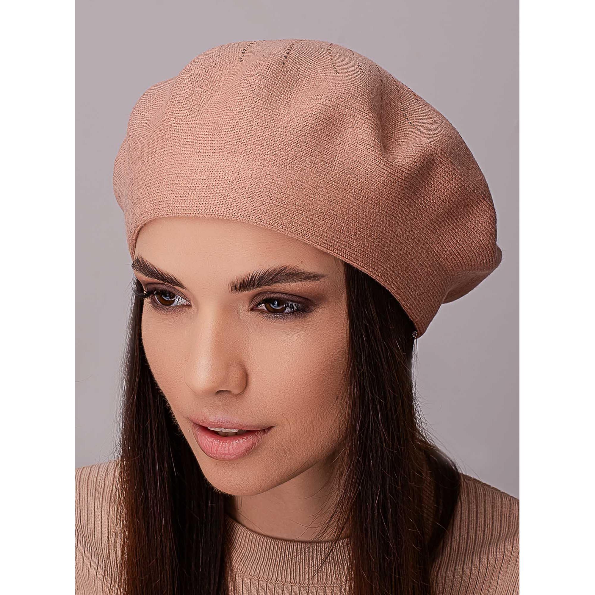 Берет вискозный женский с добавлением шерсти без подкладки украшенный стразами Leks Акация Ореховый