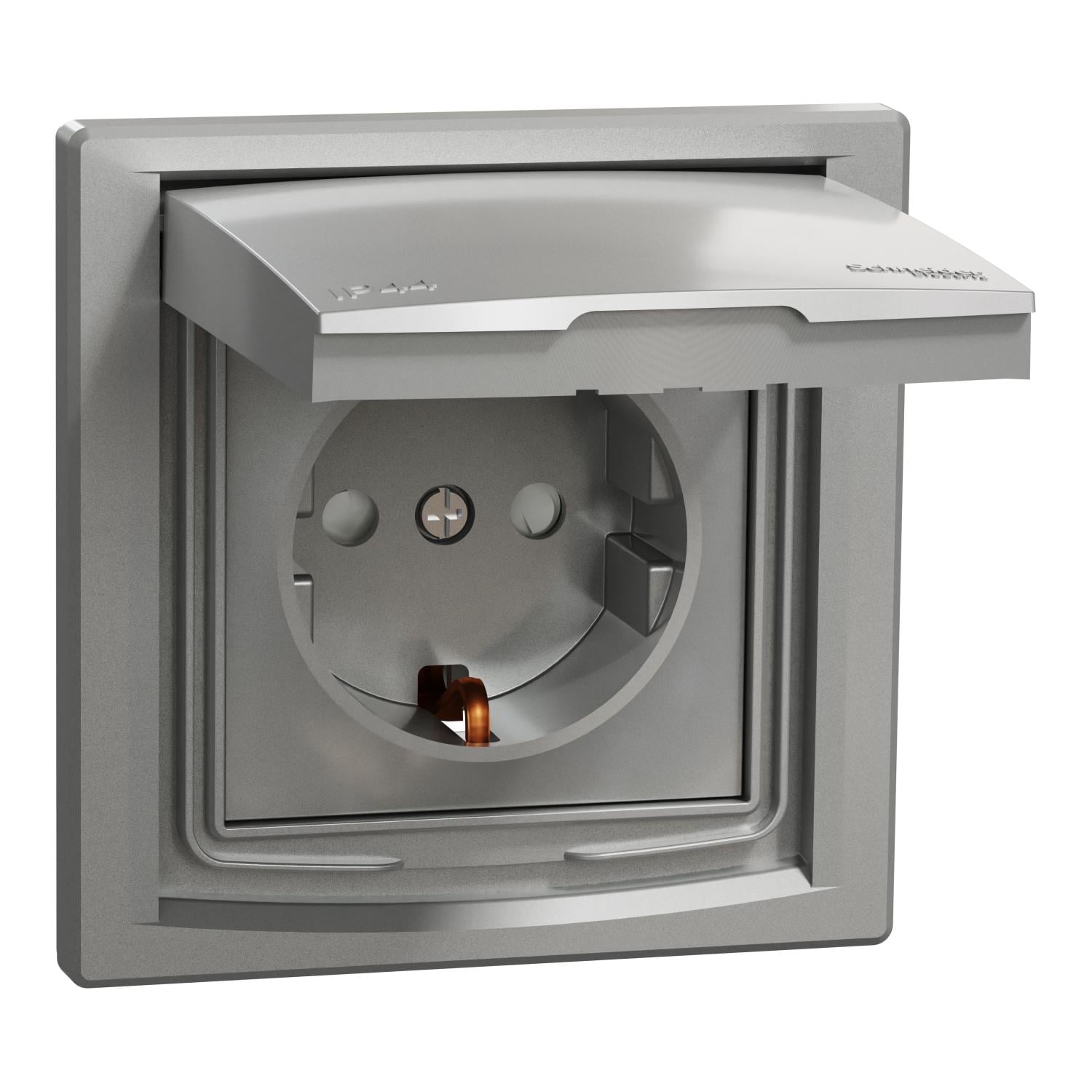 Розетка с заземлением Schneider Electric Asfora с крышкой и защитными шторками ABS Алюминий (EPH3100361)