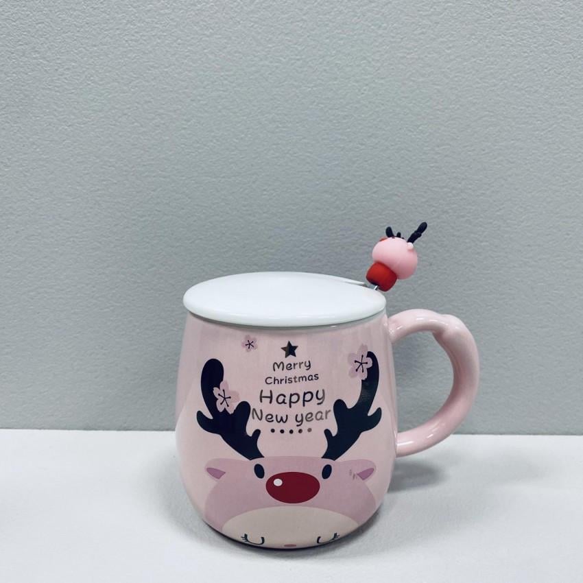 Кухоль новорічний Олень з кришкою та ложкою 360 мл Рожевий (O8030-220)