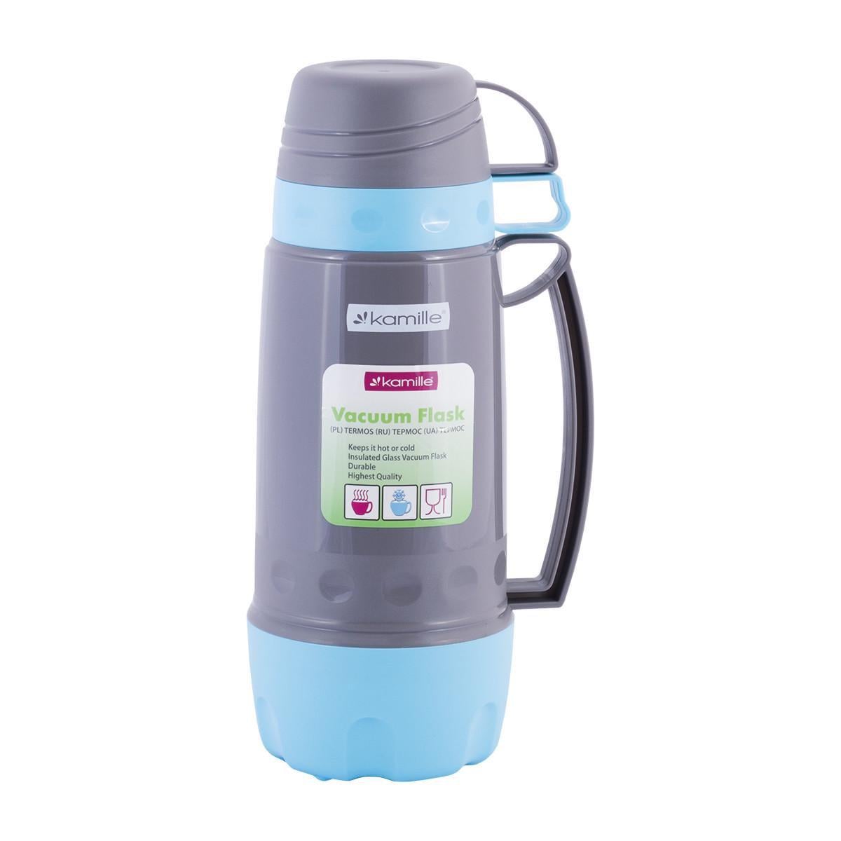 Термос с двумя чашками Kamille KM-2080 со стеклянной колбой 1000 мл Серый/Голубой (150-84-2080)