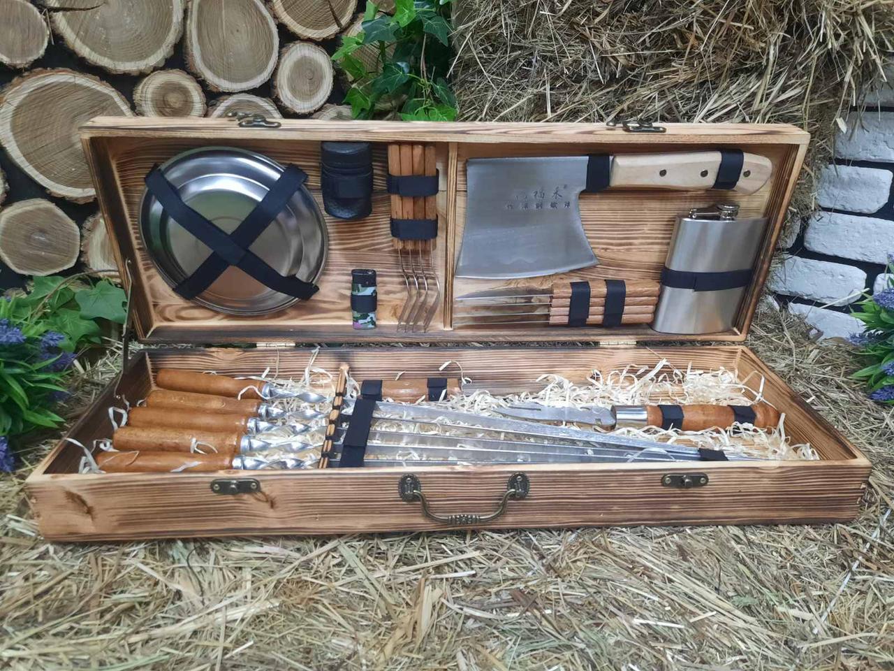 Набор шампуров для мяса с комплектом аксессуаров в деревянном кейсе 600х10х3 мм 6 шт. (12334942)