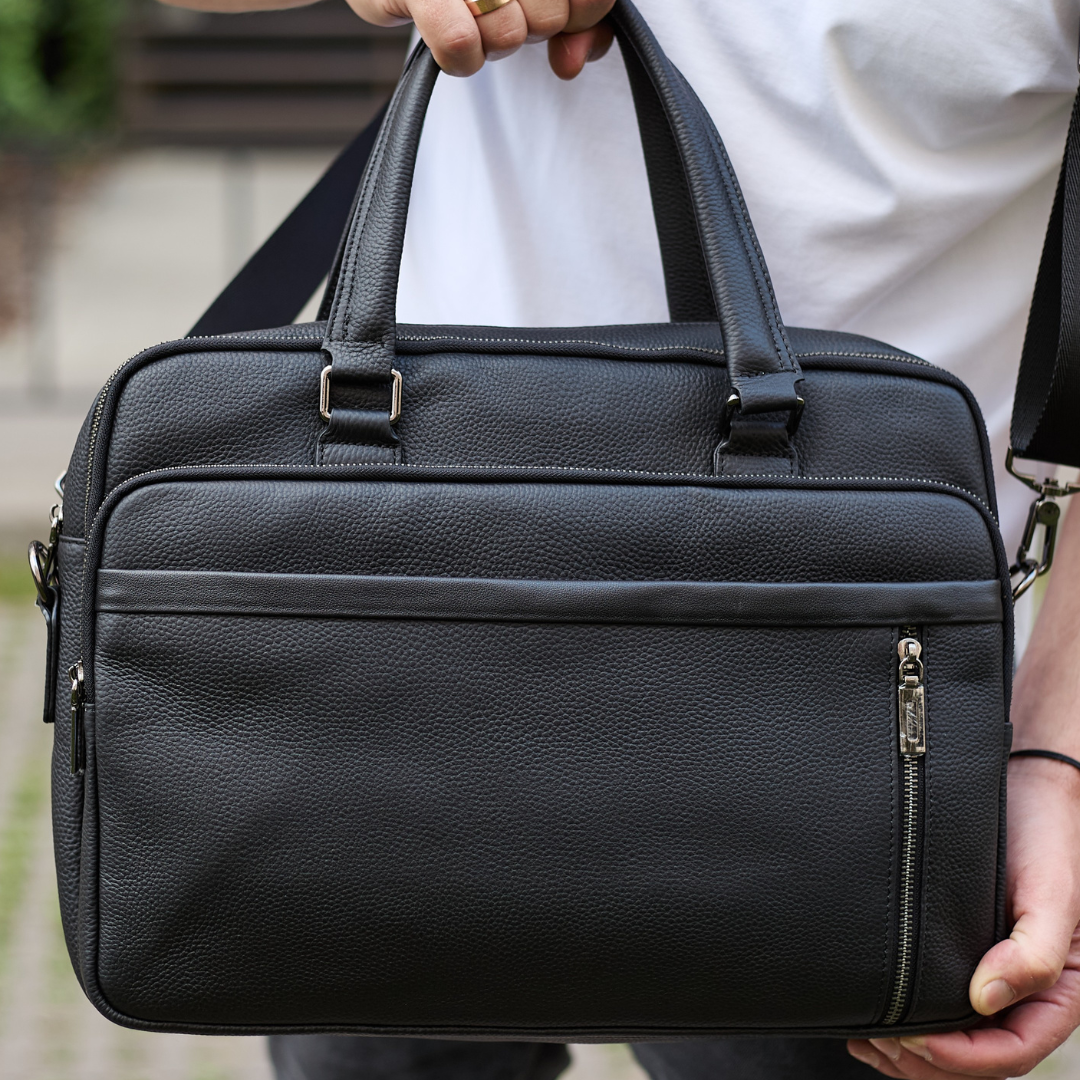 Портфель мужской Tiding Bag из натуральной кожи формат А4 с ручкой и ремнем 39х29х10 см Черный (91901)